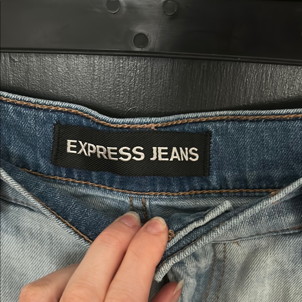 Express Two Toned Blue Denim Frayed Hem Shorts - Picture 2 of 3